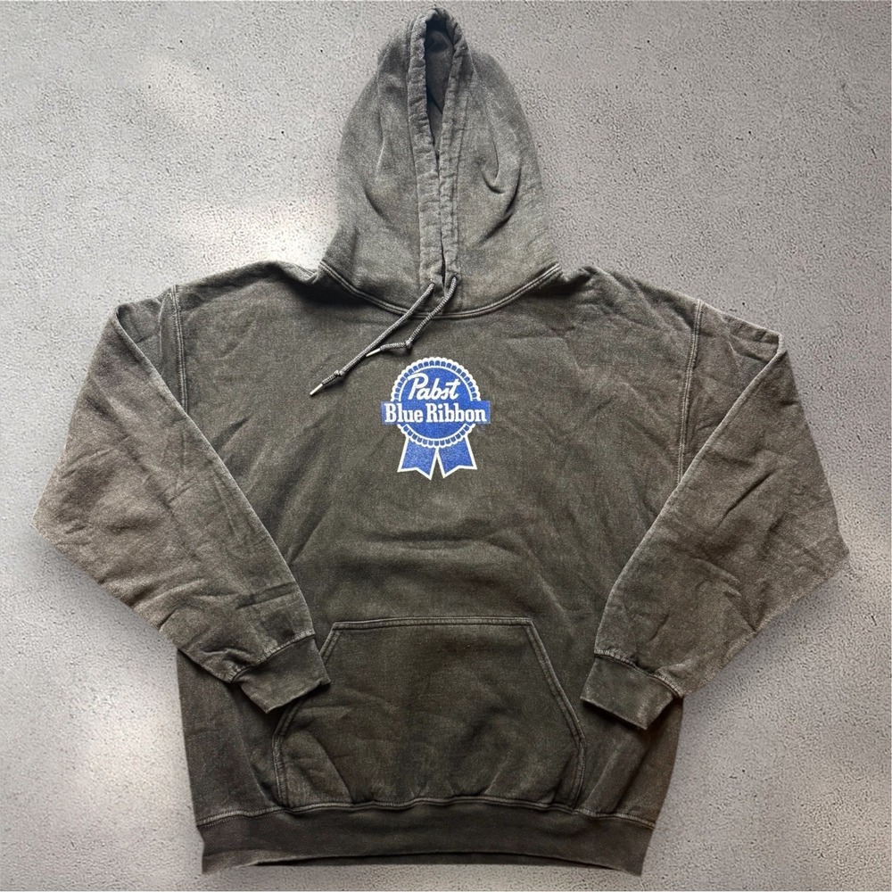 Pabst Blue Ribbon Hoodie Mens Small Gray Mineral Wash PBR Beer Sweatshirt